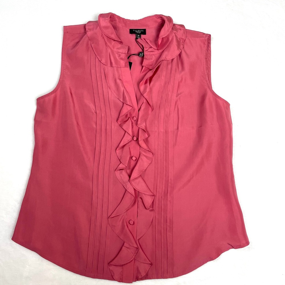 Talbots Blouse Silk Women 8P Pink NWT Ruffle Pintuck Sleeveless Top